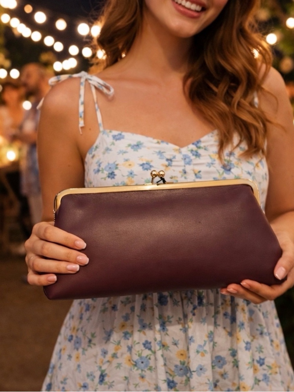 Sleek Dark Burgundy Kiss Lock Clutch with Gold Frame